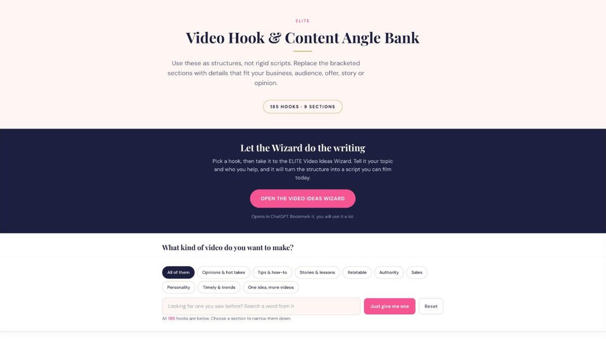 A searchable bank of 185 video hooks